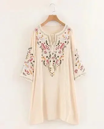 FashionSierra-Summer  Floral Embroidery  Mini  2024  Cotton Rayon  O-neck  Short Sleeve  Casual  Loose  Women Boho Dress