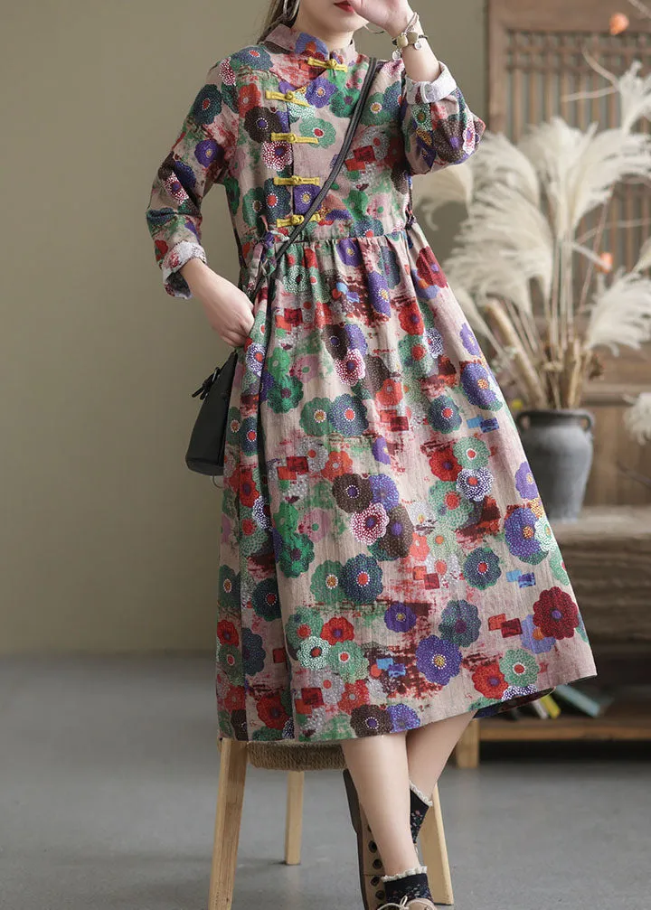 Fine Button Patchwork Print Dresses Spring