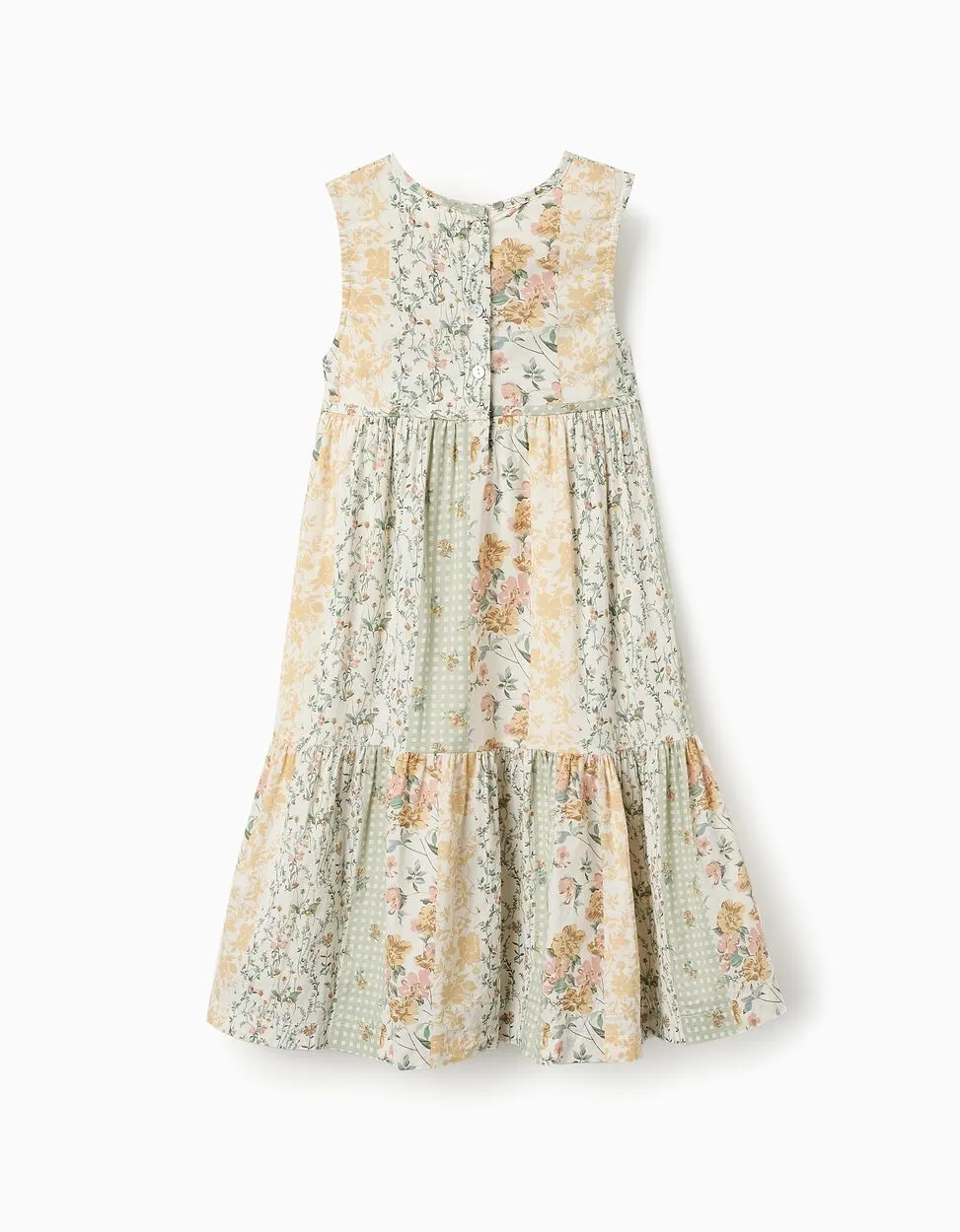 Floral Cotton Dress for Girls, Green/Beige/Pink