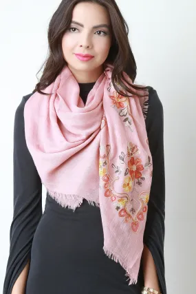 Floral Embroidered Frayed Scarf