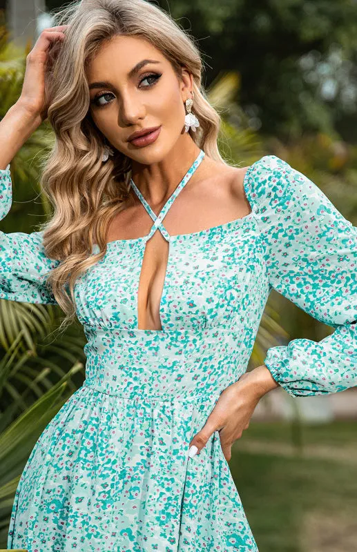 Floral Flare Halter Mini Dress: Elegant Style with Sexy Cutout