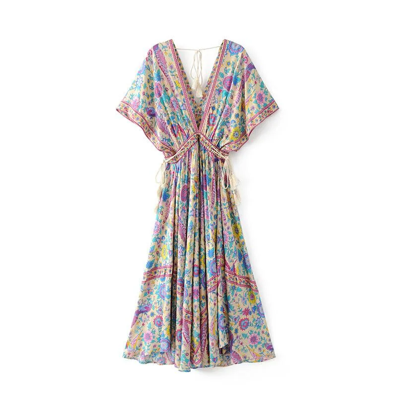 Floral Print Bat Sleeves Beach Maxi Dress