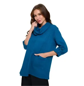 Focus Fashion Cowl-Neck Waffle Tunic in Deep Sea- FW-124-DS