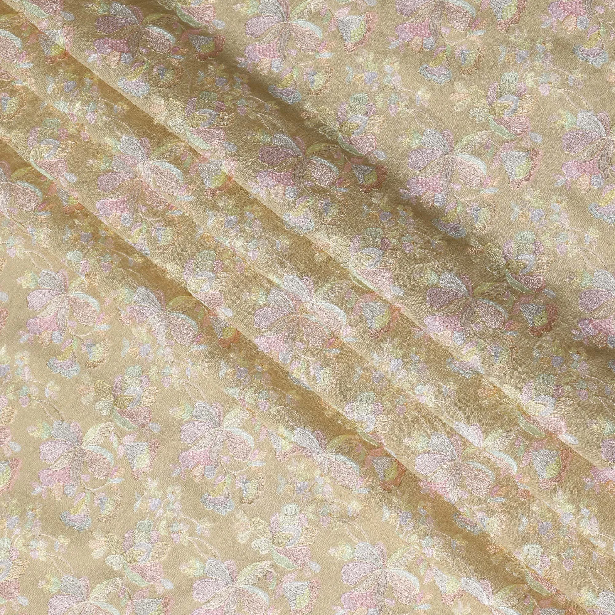 Gold Indian Tussar Silk Fabric with Pastel Floral Embroidery, 110 cm Width-D20946