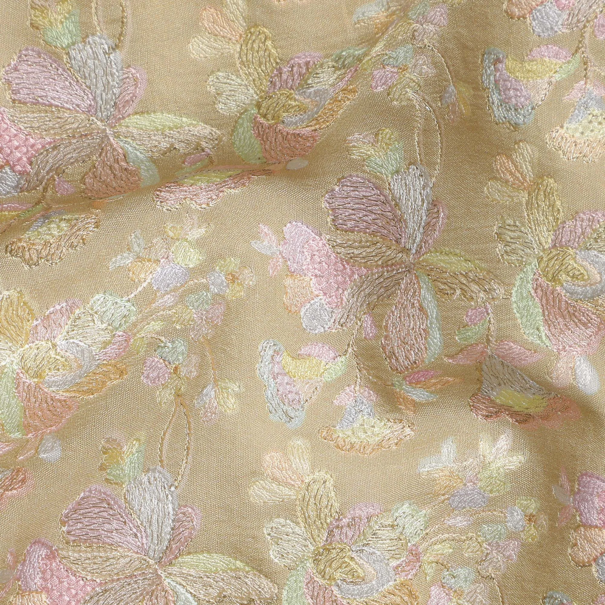 Gold Indian Tussar Silk Fabric with Pastel Floral Embroidery, 110 cm Width-D20946