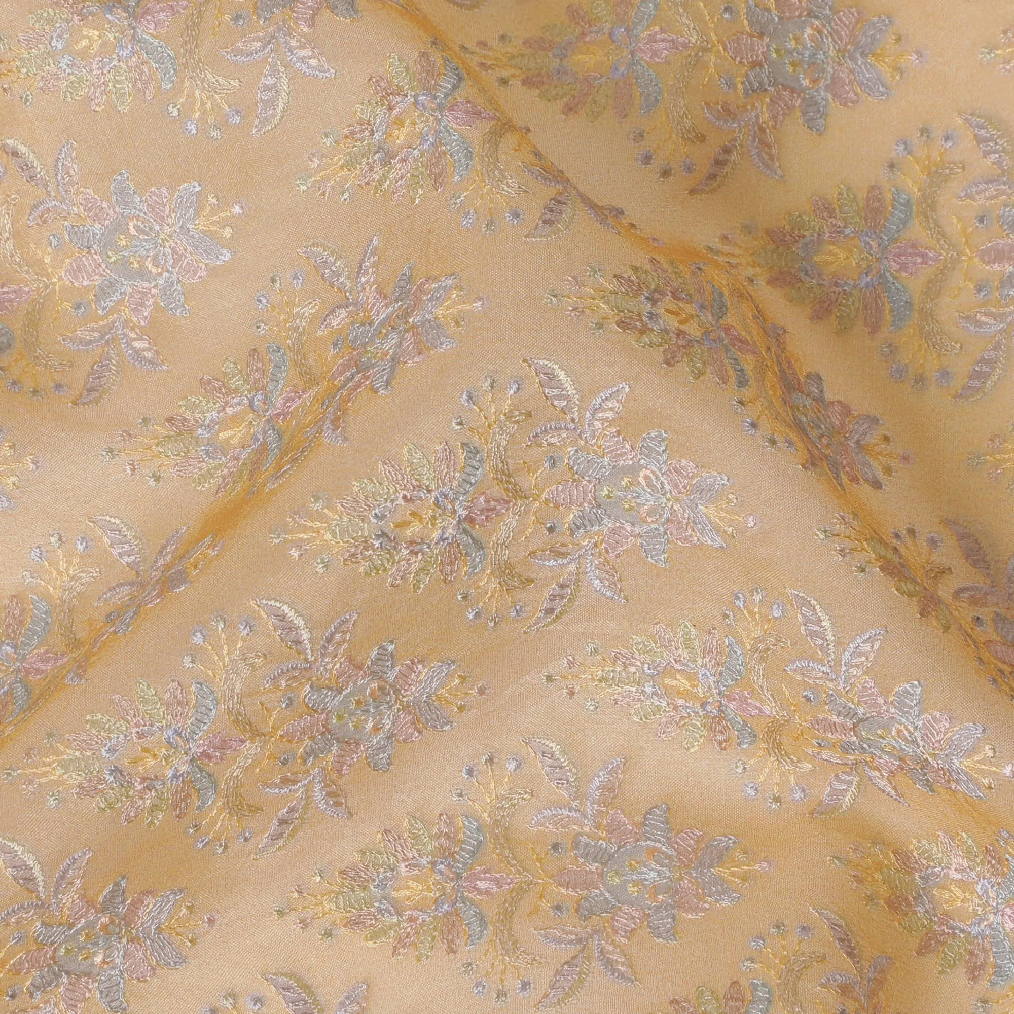 Golden Silk Organza Fabric with Intricate Pastel Floral Embroidery - 110 cm Wide - D19623