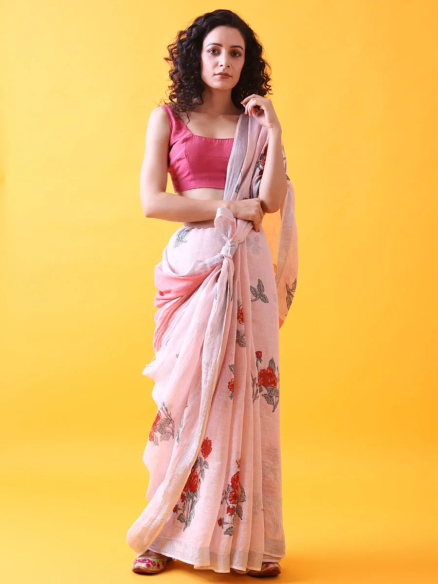 Handwoven Pink Linen Saree with Prints and Zari