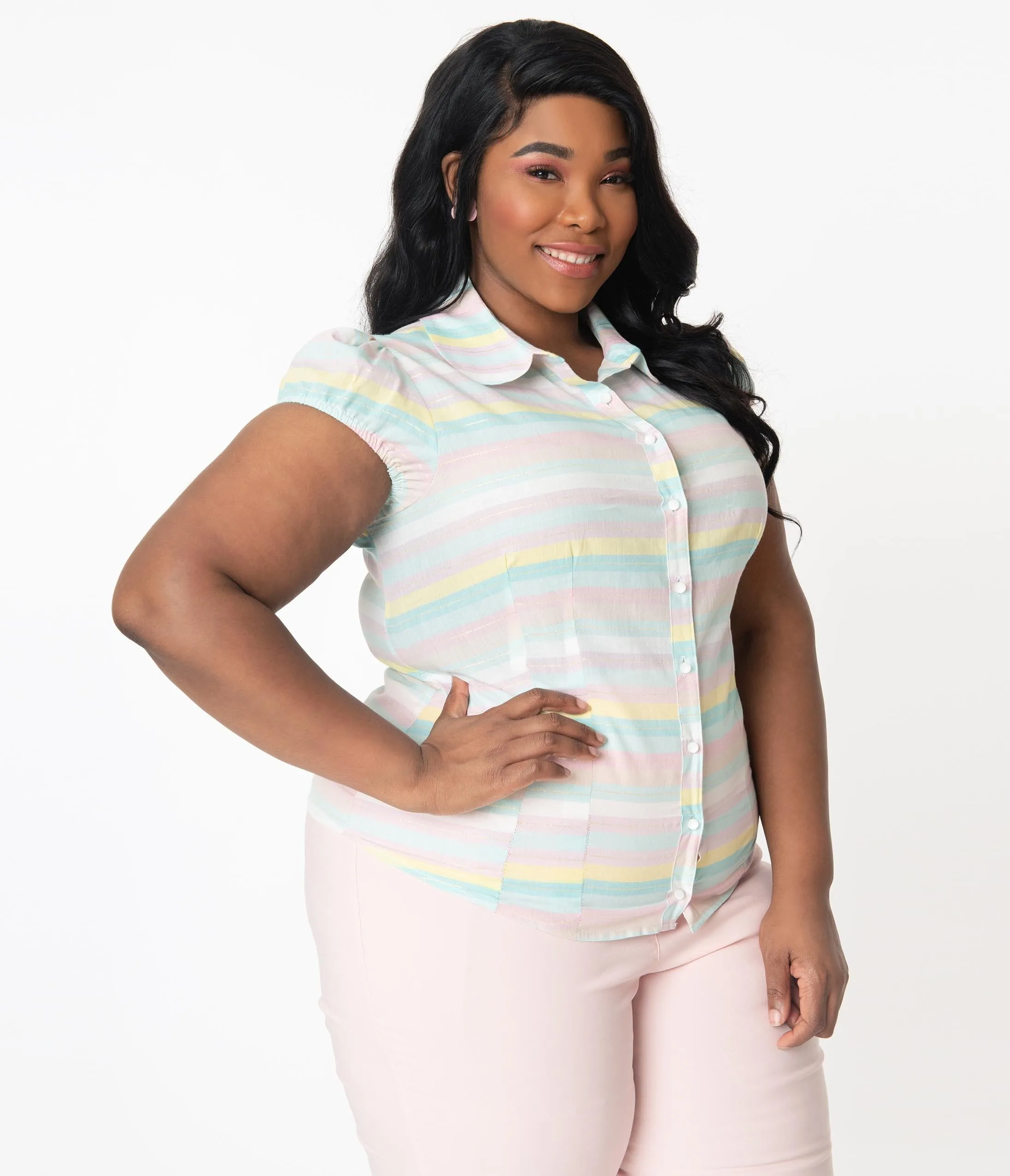 Hell Bunny Plus Size Pastel Rainbow Stripe Shimmer Blouse