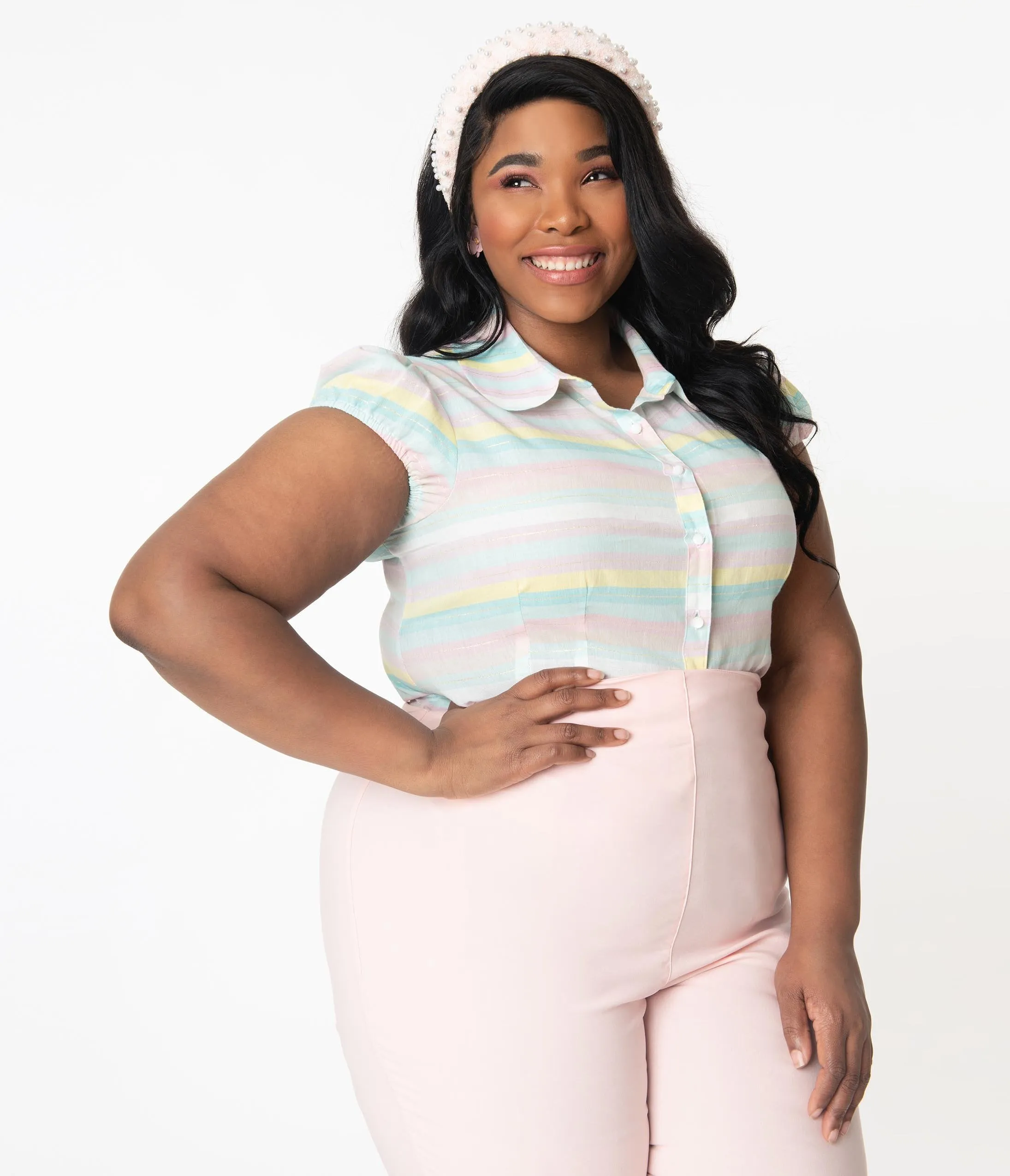 Hell Bunny Plus Size Pastel Rainbow Stripe Shimmer Blouse