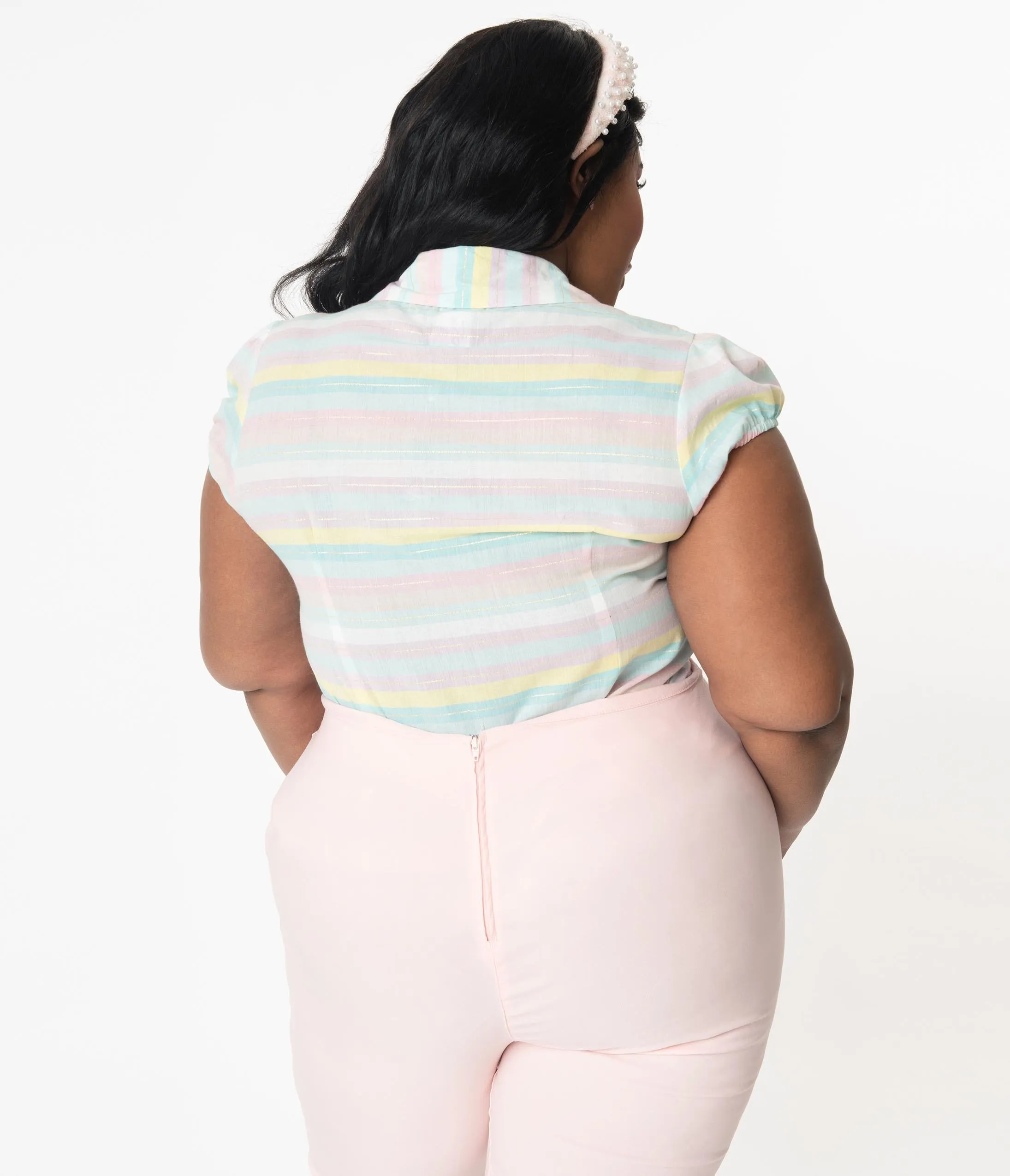 Hell Bunny Plus Size Pastel Rainbow Stripe Shimmer Blouse