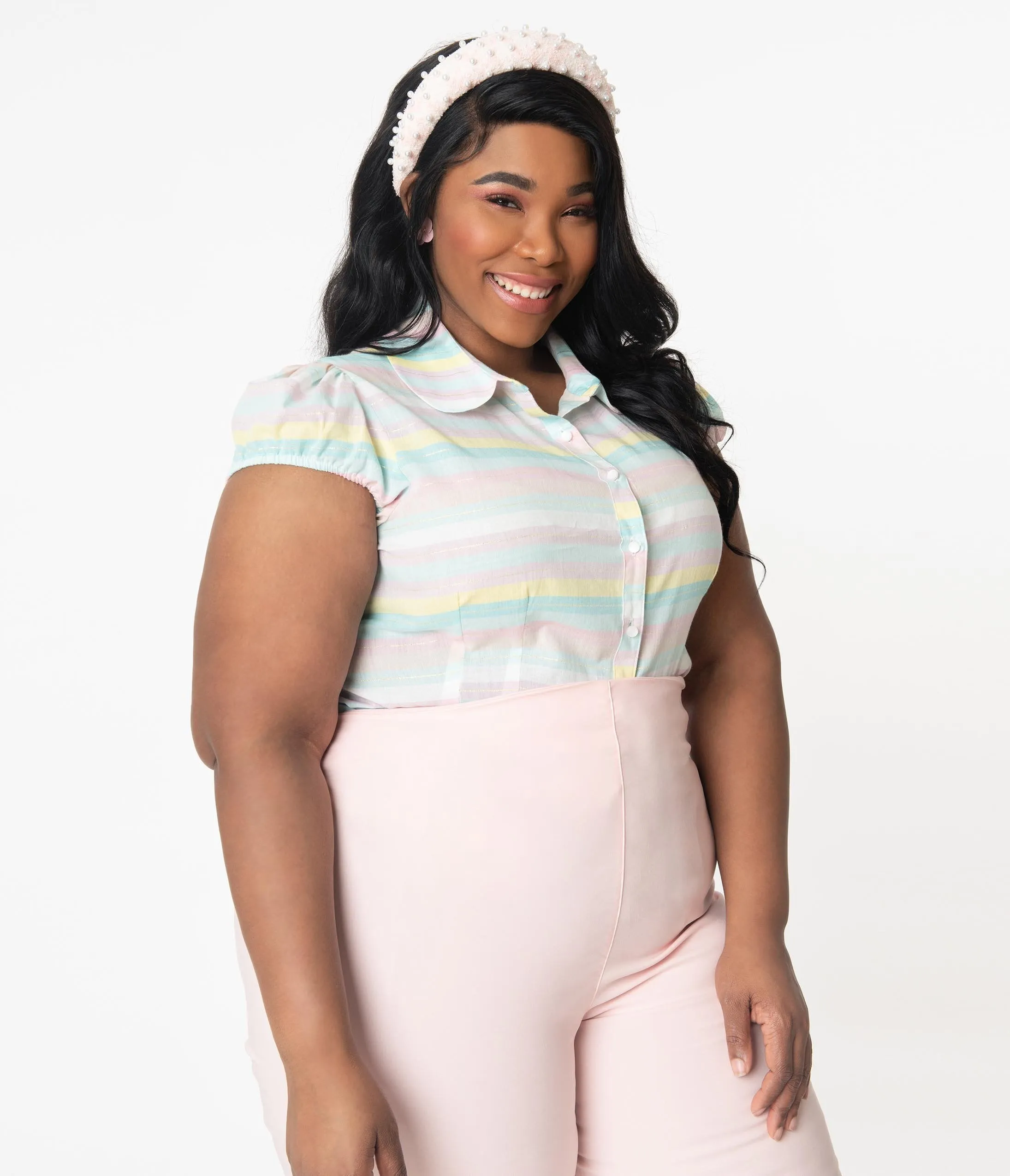 Hell Bunny Plus Size Pastel Rainbow Stripe Shimmer Blouse