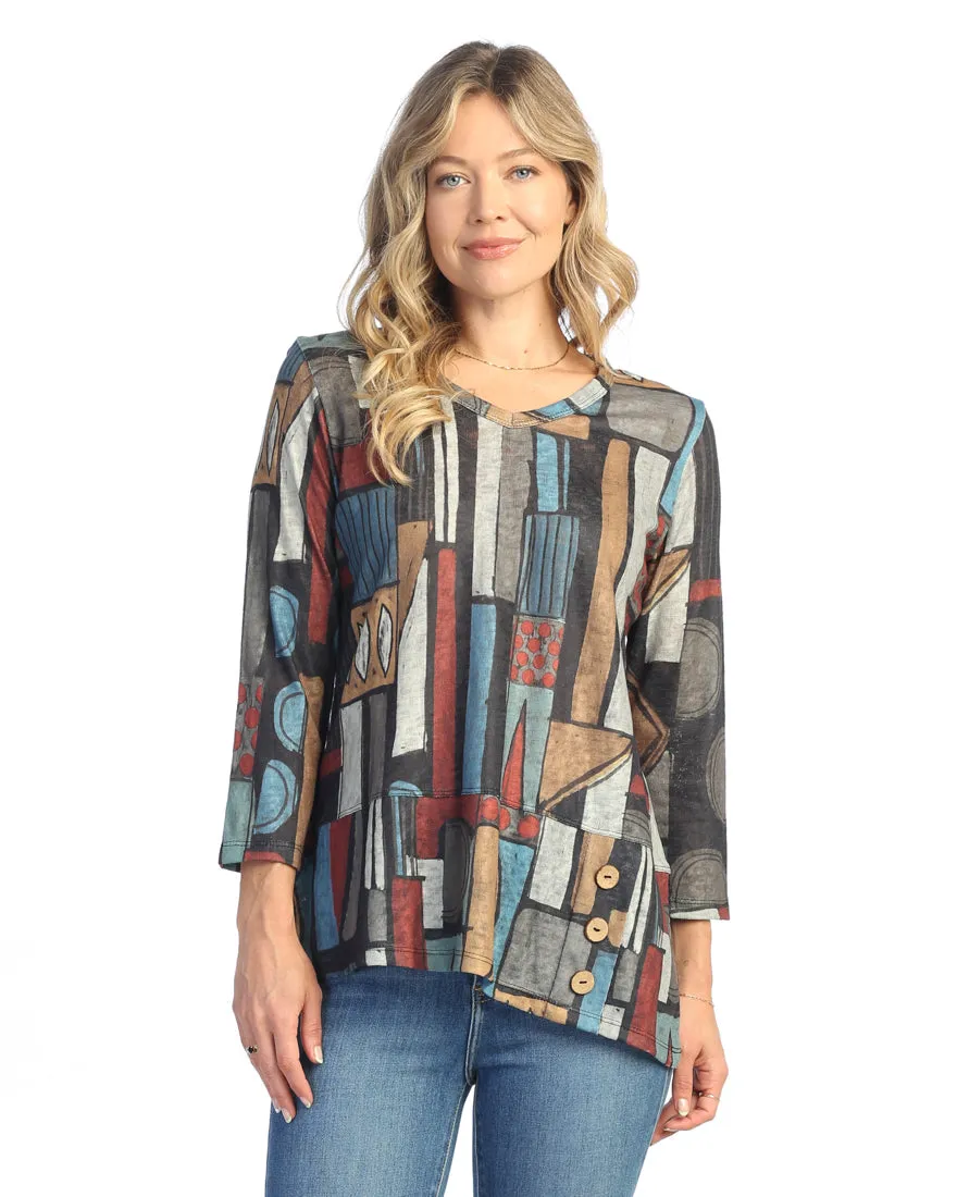 Jess & Jane "Montage" Lightweight Knit w/ Asymmetric Hem and Button Tunic Top - LK8-1980