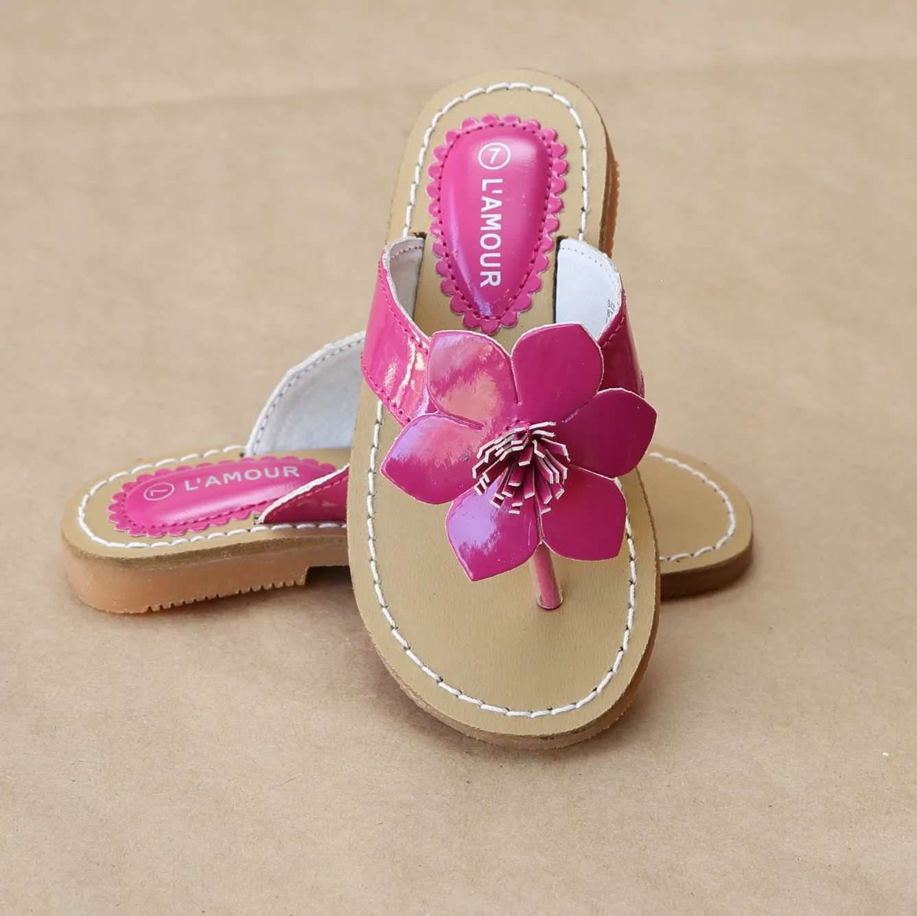 L'Amour Girls Patent Flower Thong Sandal