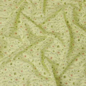 Lime Green Uragiri Cotton Voile Fabric with Pastel Floral Print, 110 cm Wide - Fresh Indian Textile-D18988