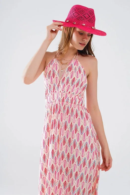 Maxi Summer Dress with Feather Print and Open Back in Pink