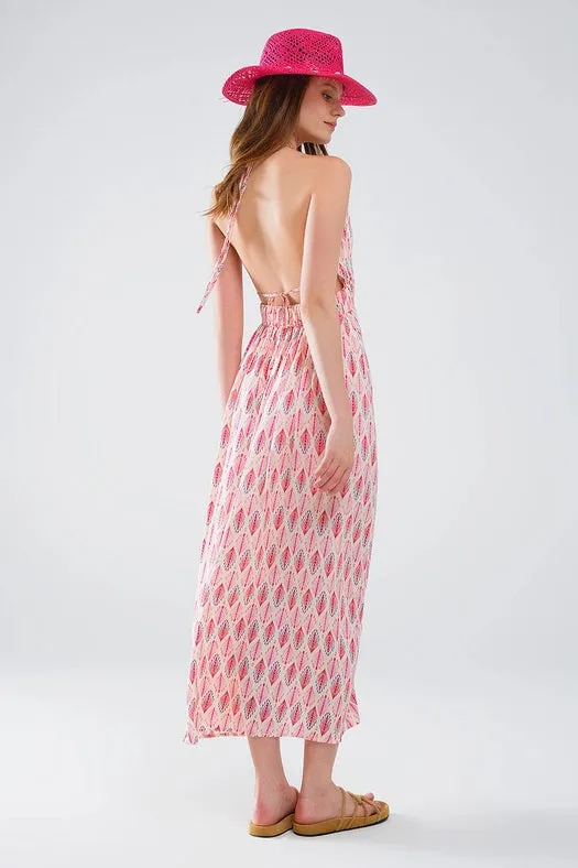 Maxi Summer Dress with Feather Print and Open Back in Pink