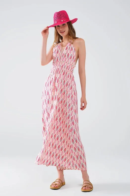 Maxi Summer Dress with Feather Print and Open Back in Pink