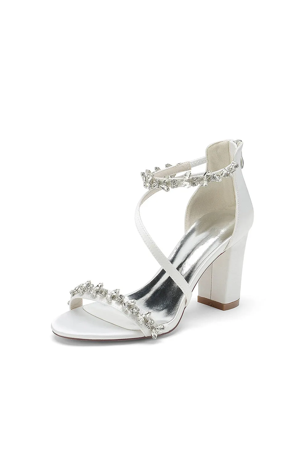 Open Toe Rhinestone Beaded Ankle Strap Chunky Heels