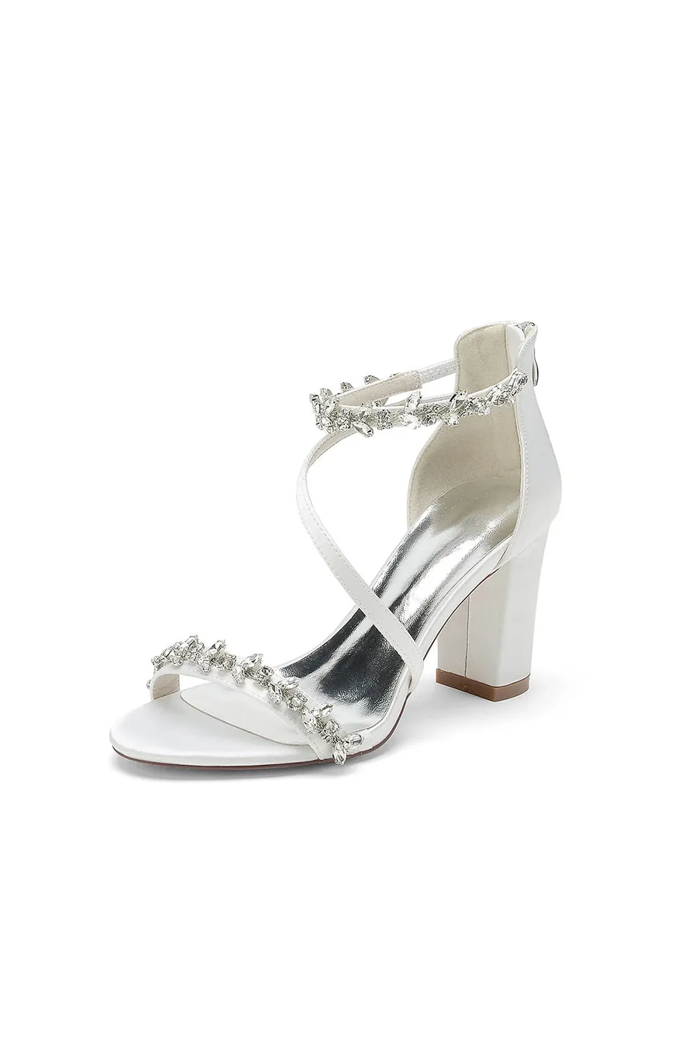 Open Toe Rhinestone Beaded Ankle Strap Chunky Heels