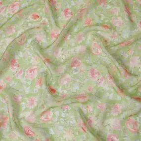 Pastel Green Floral Synthetic Organza Fabric - 110 cm Width, Made in India-D19630