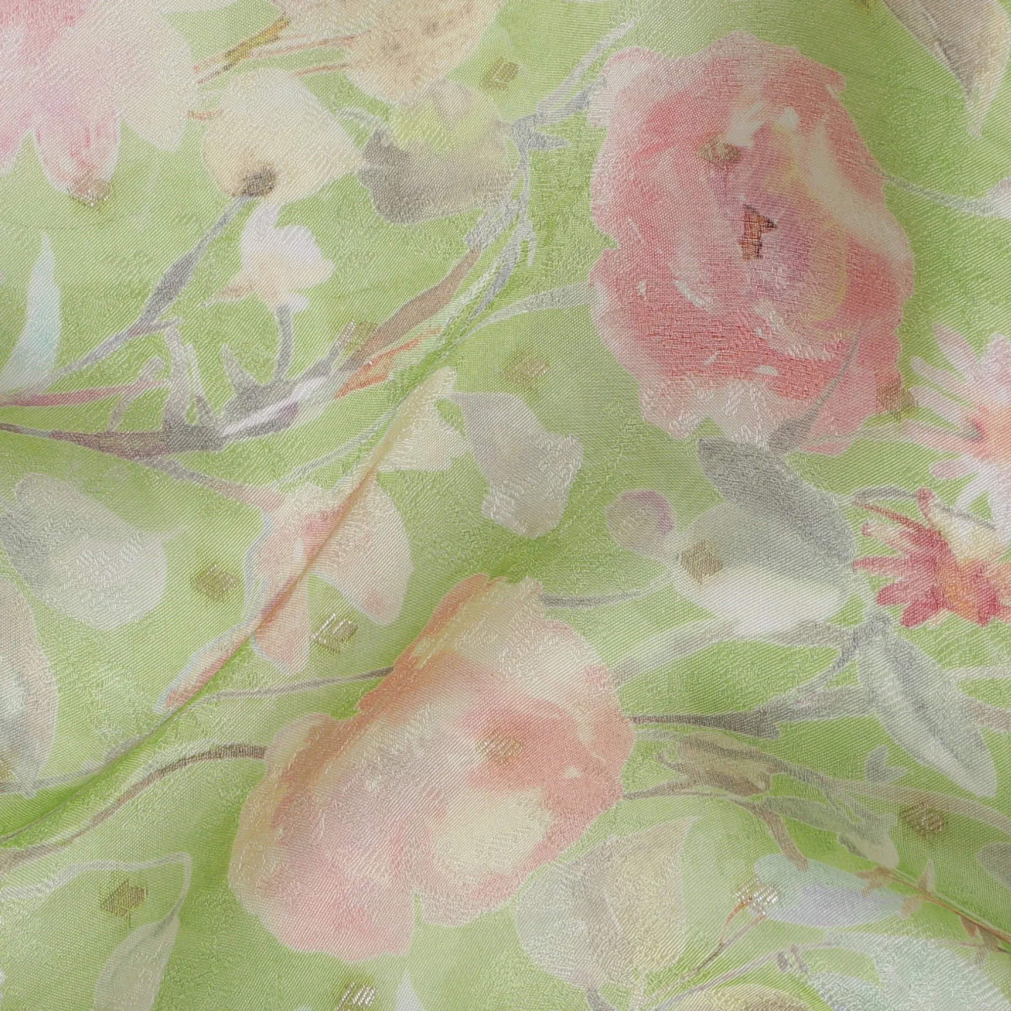 Pastel Green Floral Synthetic Organza Fabric - 110 cm Width, Made in India-D19630