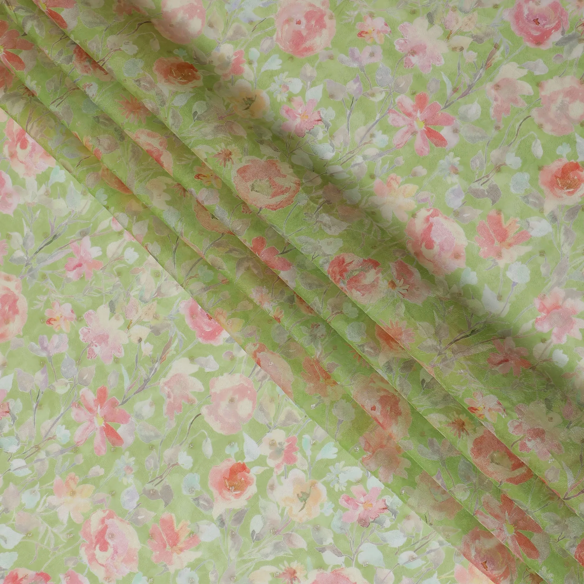 Pastel Green Floral Synthetic Organza Fabric - 110 cm Width, Made in India-D19630