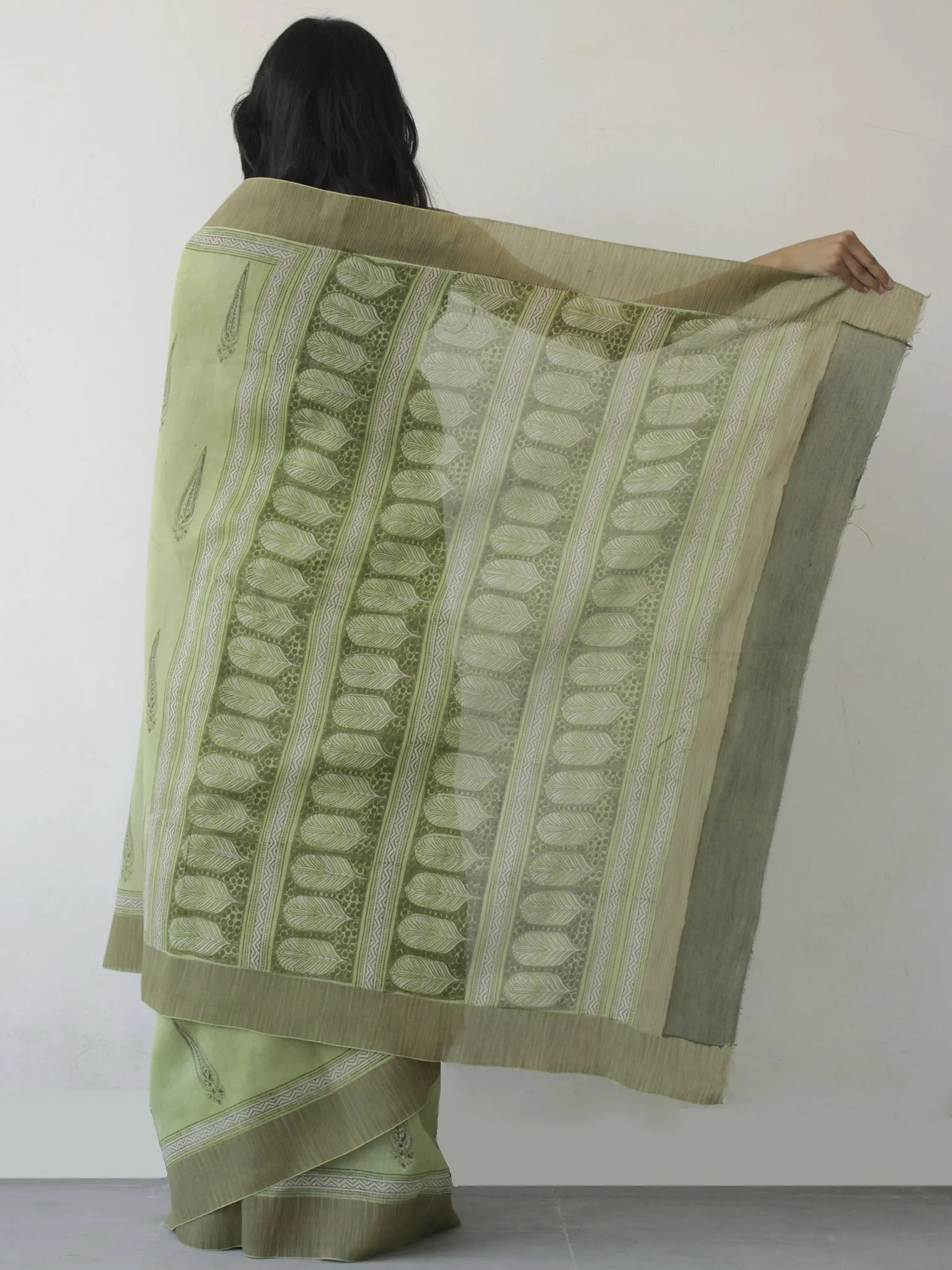 Pastel Green Ivory Hand Block Printed Chanderi Saree With Ghicha Border - S031702469