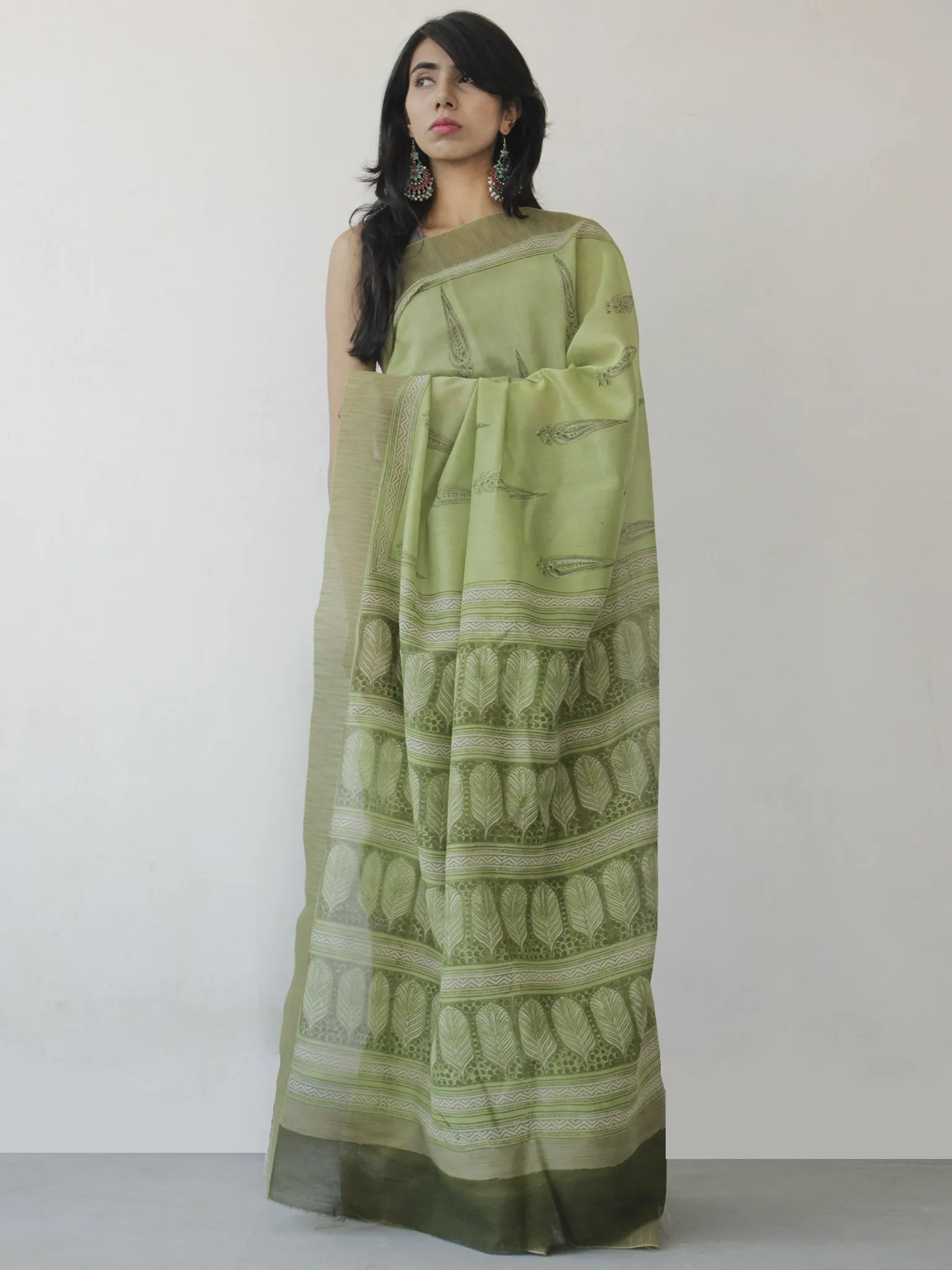 Pastel Green Ivory Hand Block Printed Chanderi Saree With Ghicha Border - S031702469