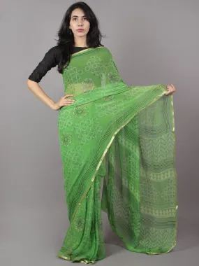 Pastel Green Ivory Hand Block Printed Chiffon Saree - S031701665