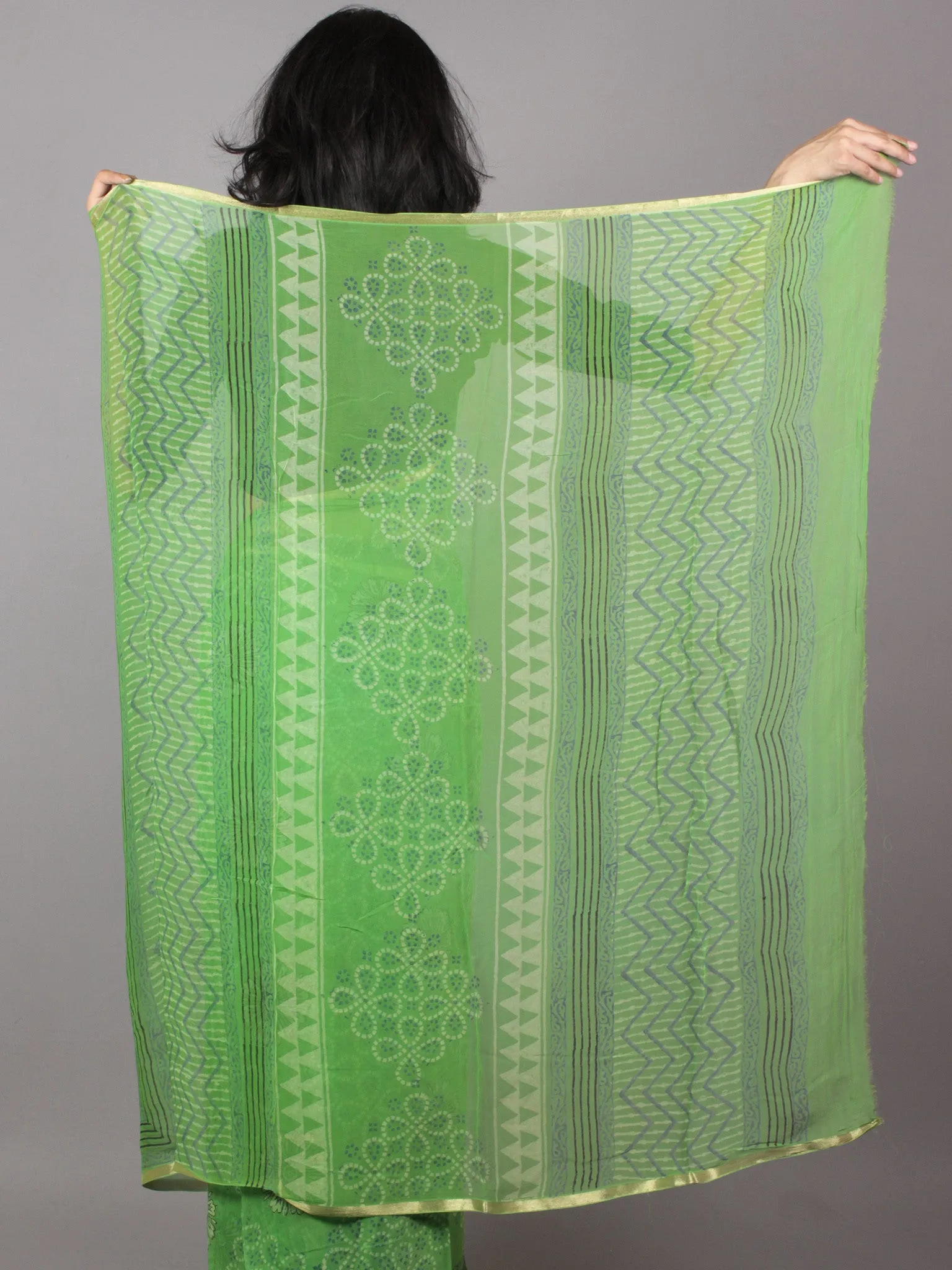 Pastel Green Ivory Hand Block Printed Chiffon Saree - S031701665