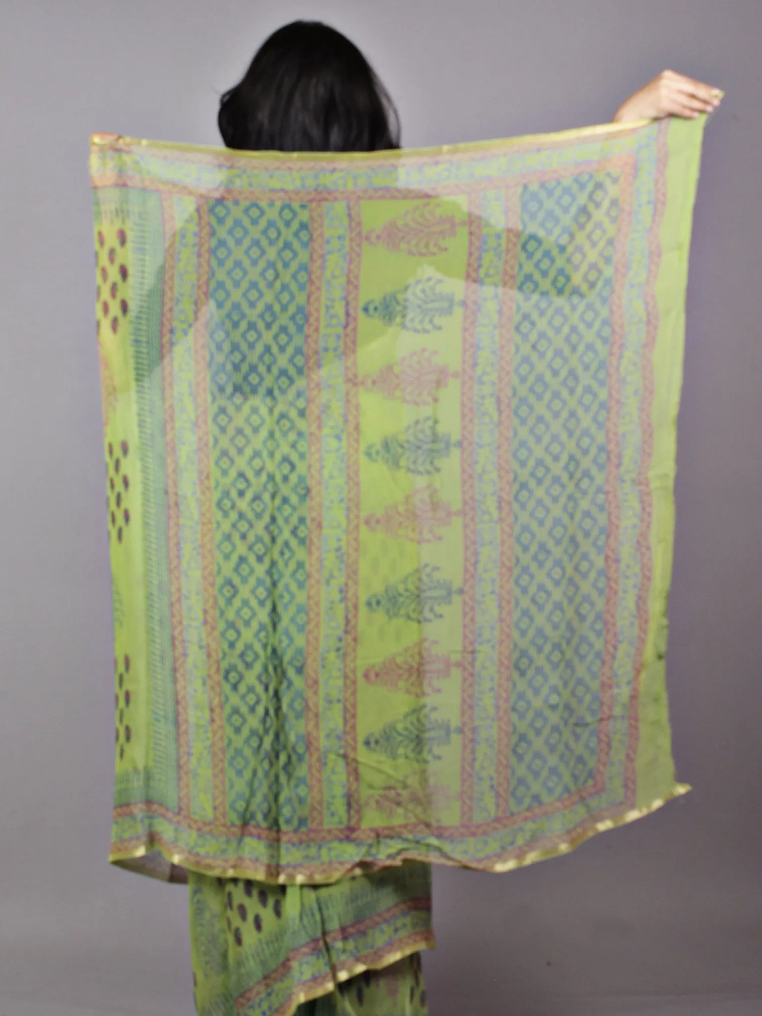 Pastel Green Purple Blue Hand Block Printed Chiffon Saree - S031701684