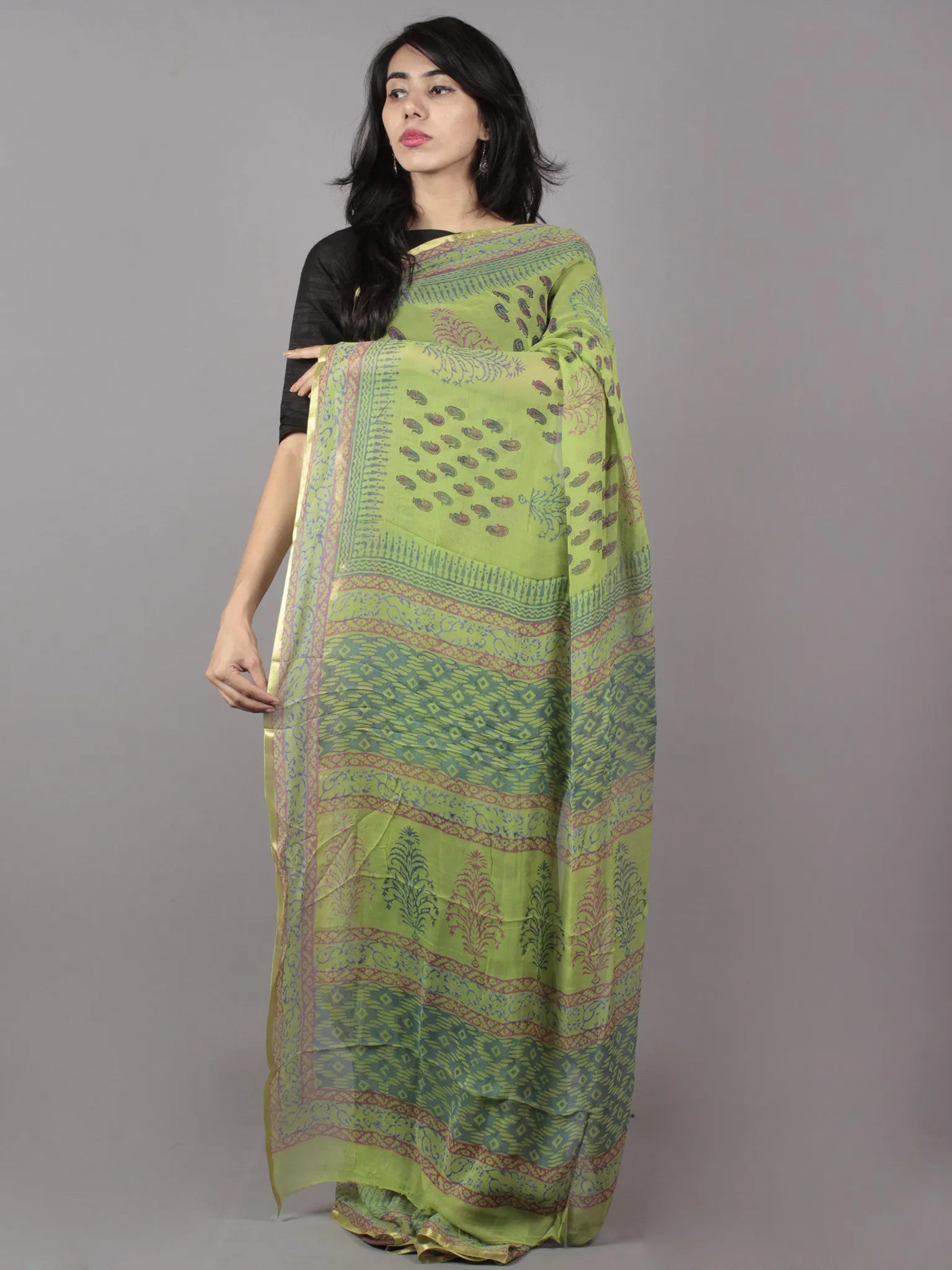 Pastel Green Purple Blue Hand Block Printed Chiffon Saree - S031701684