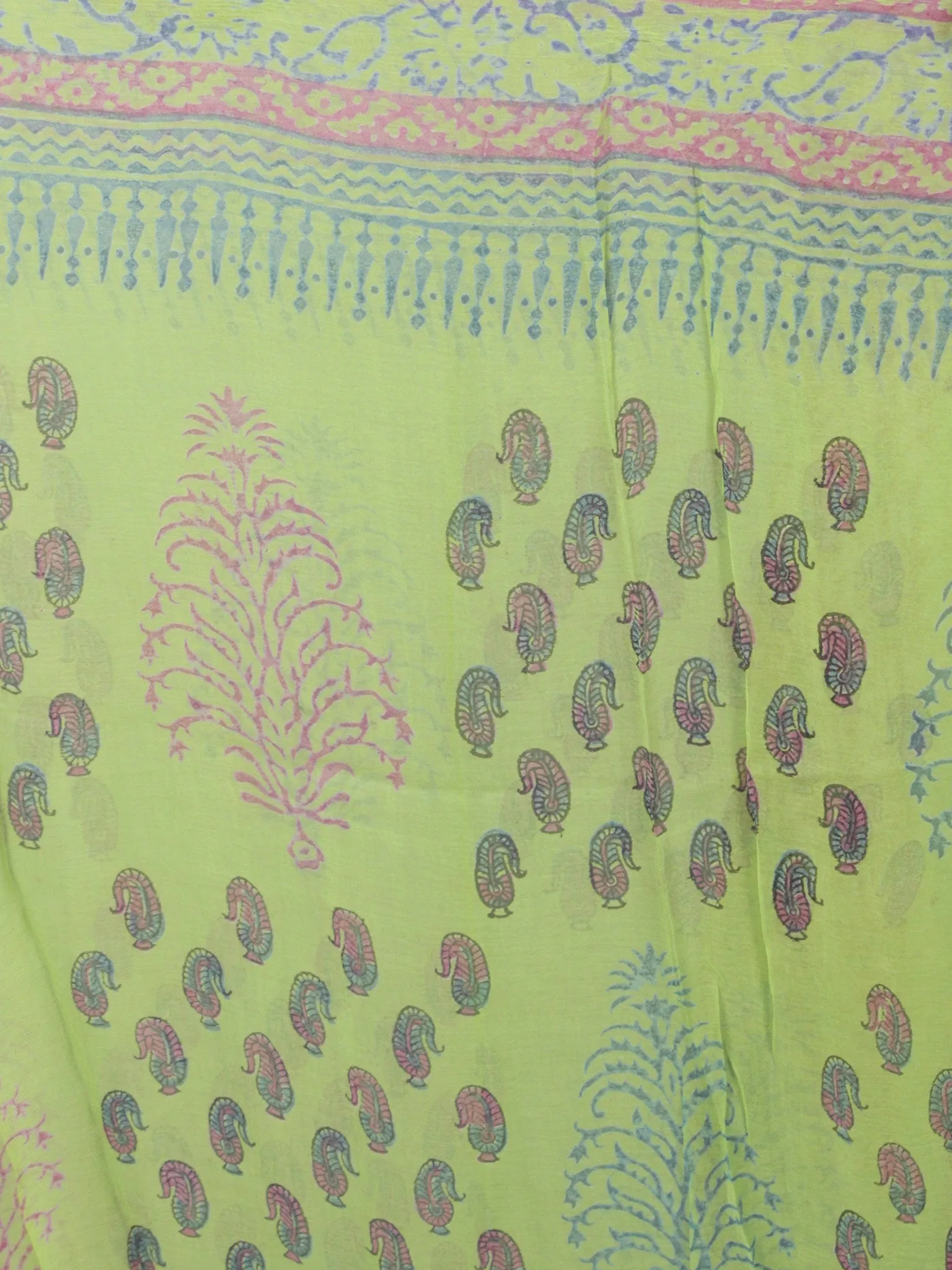 Pastel Green Purple Blue Hand Block Printed Chiffon Saree - S031701684