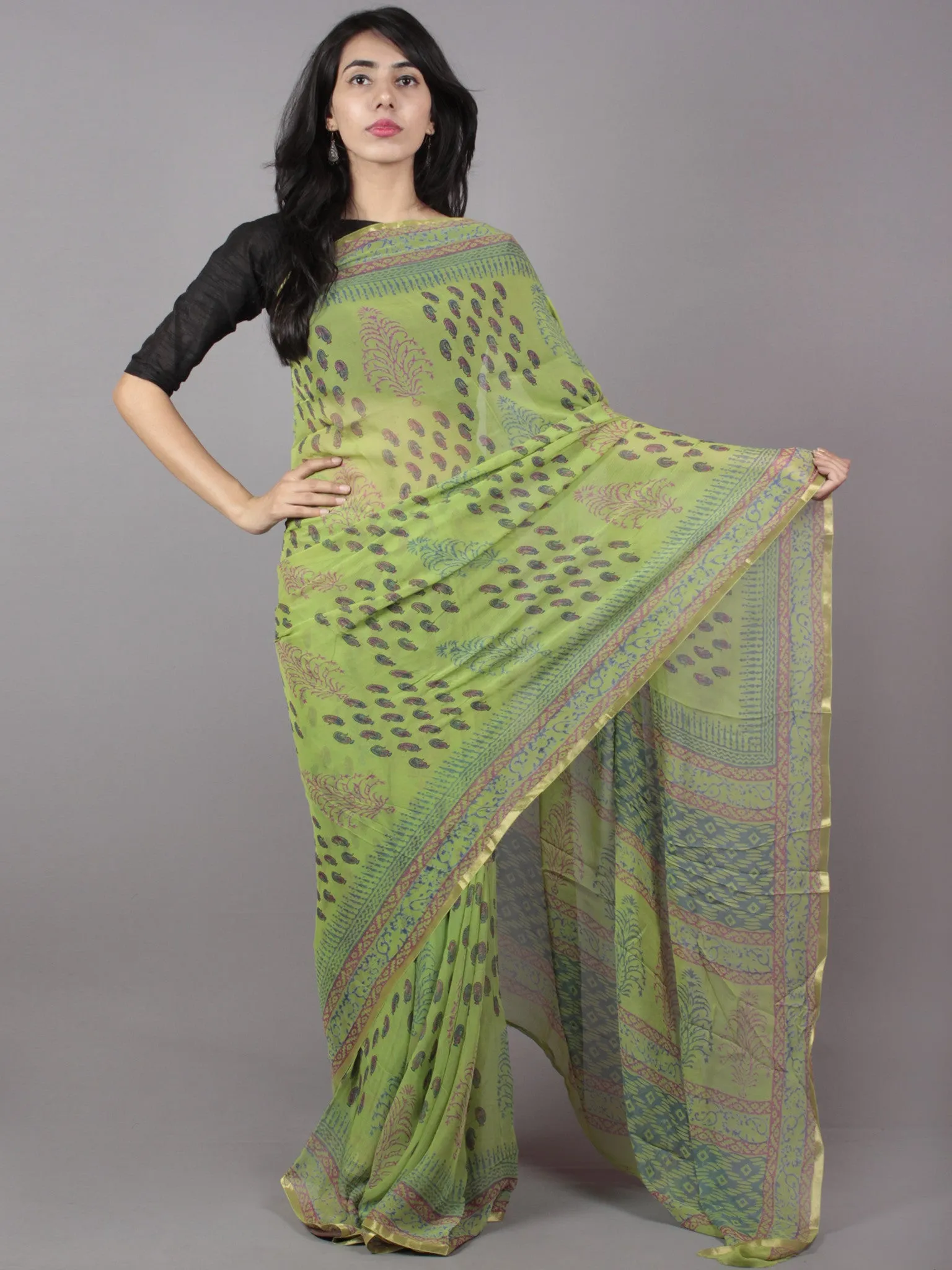 Pastel Green Purple Blue Hand Block Printed Chiffon Saree - S031701684