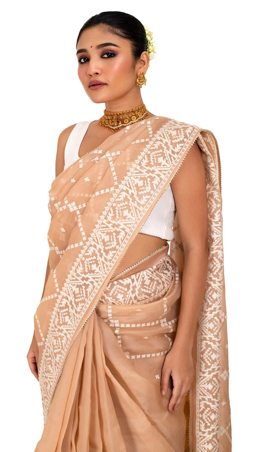 Pastel Peach Organza Saree with Thread work