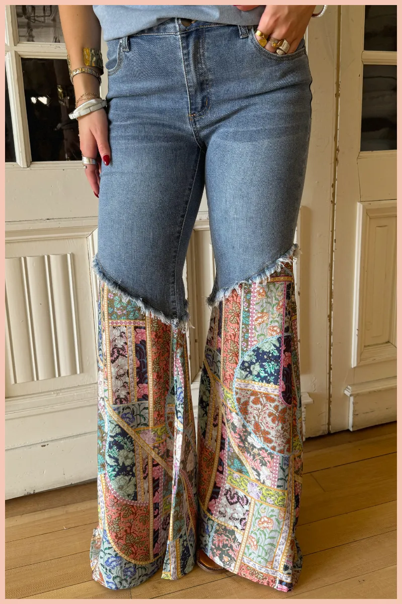 Print Bottom Washed Denim Bottoms