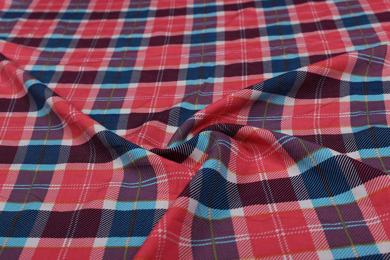 Printed Checks, Red & Blue Checks Polyester Crepe Fabric