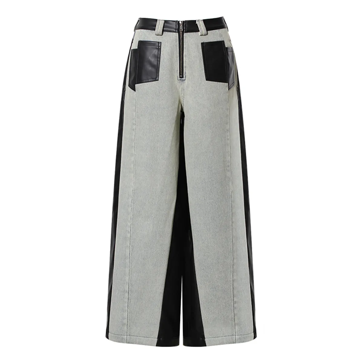 Retro Color Block Wide Leg Denim Pants for Women - Thick Casual Winter Style