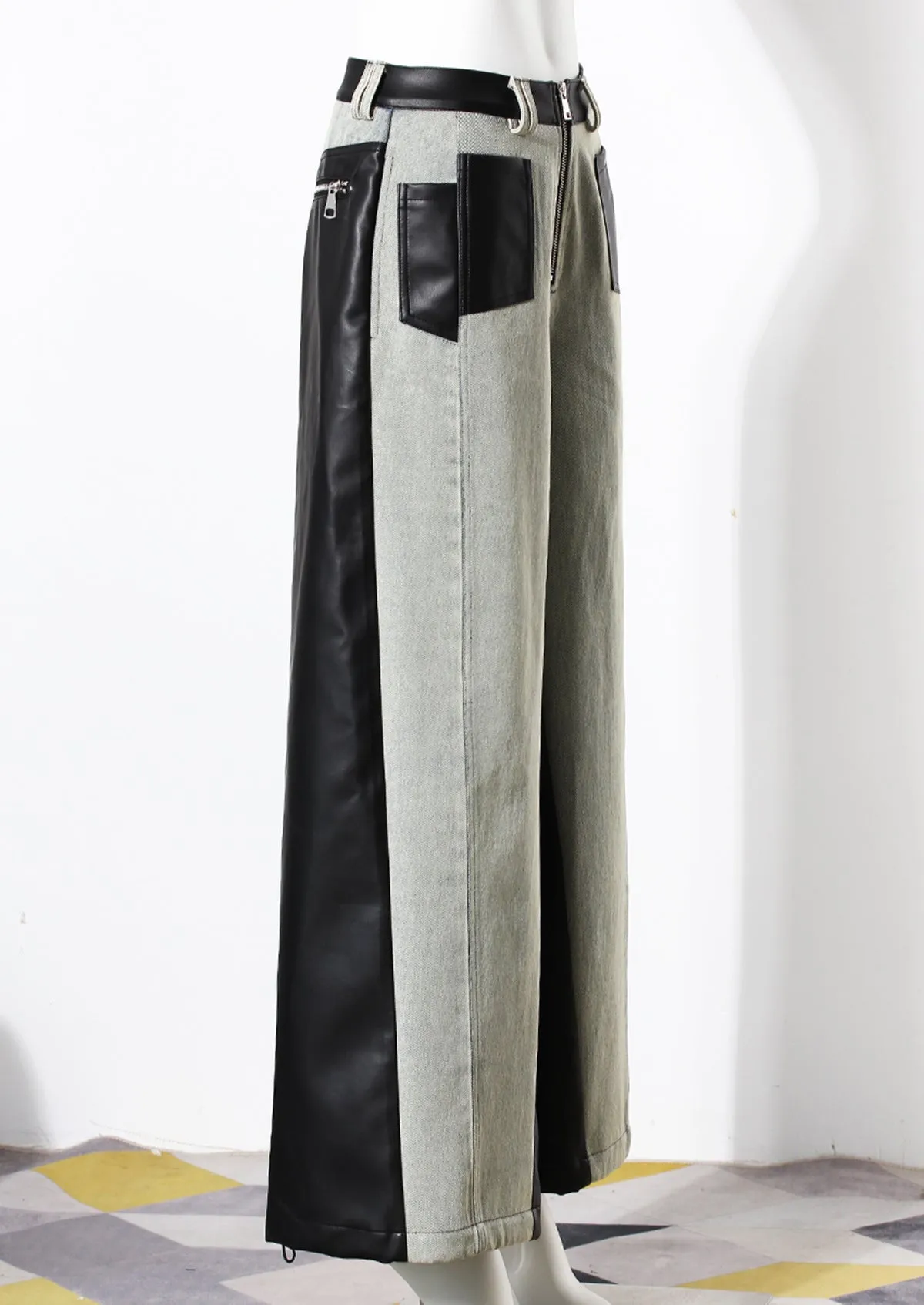 Retro Color Block Wide Leg Denim Pants for Women - Thick Casual Winter Style