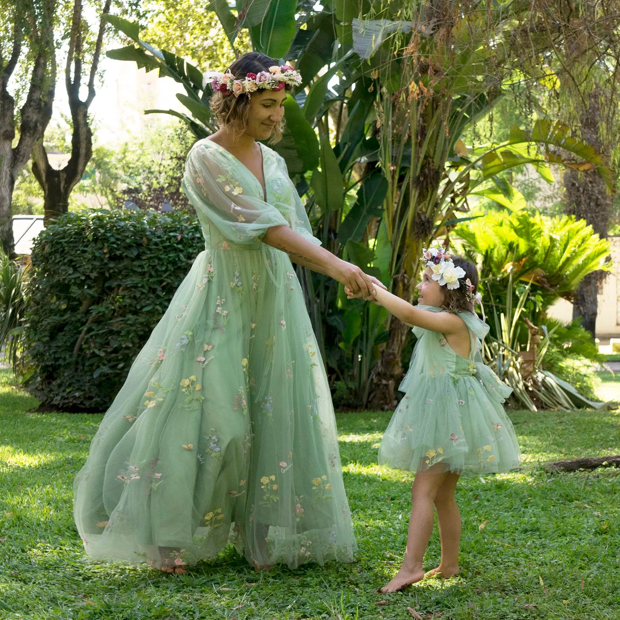 Sage Green Wedding Outfit for Mom and Daughter, Matching Tulle Dresses for Flower Girl, Baby and Toddler, Junior Bridesmaid and Bride