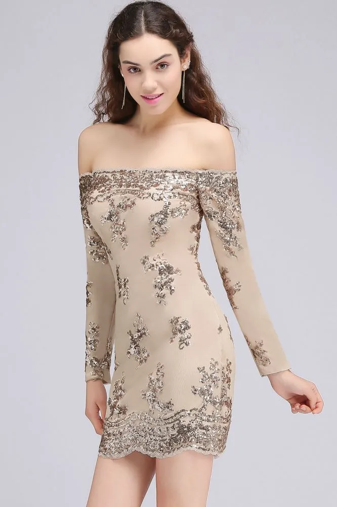 Sheath Off-the-Shoulder Nude Pink Homecoming Dresses with Sequins