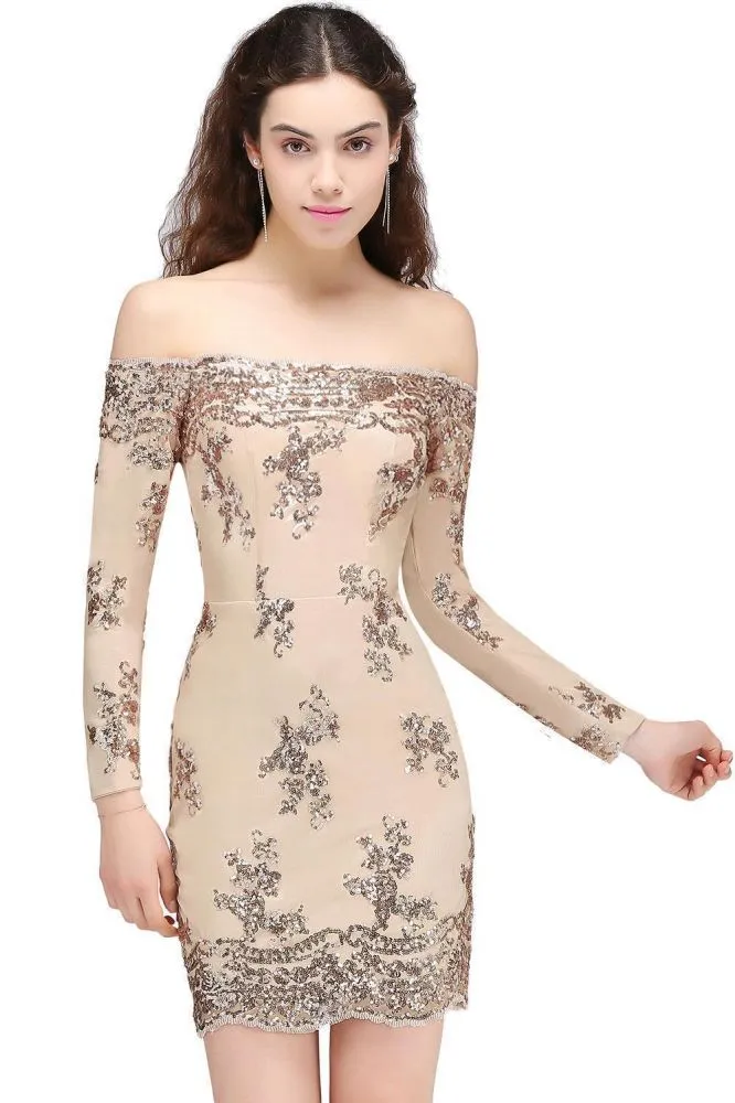 Sheath Off-the-Shoulder Nude Pink Homecoming Dresses with Sequins