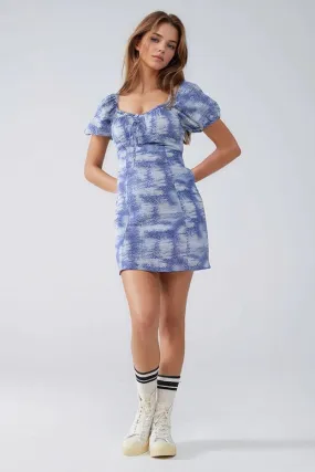 Short Dress with Puff Sleeves in Abstract Blue and White Print