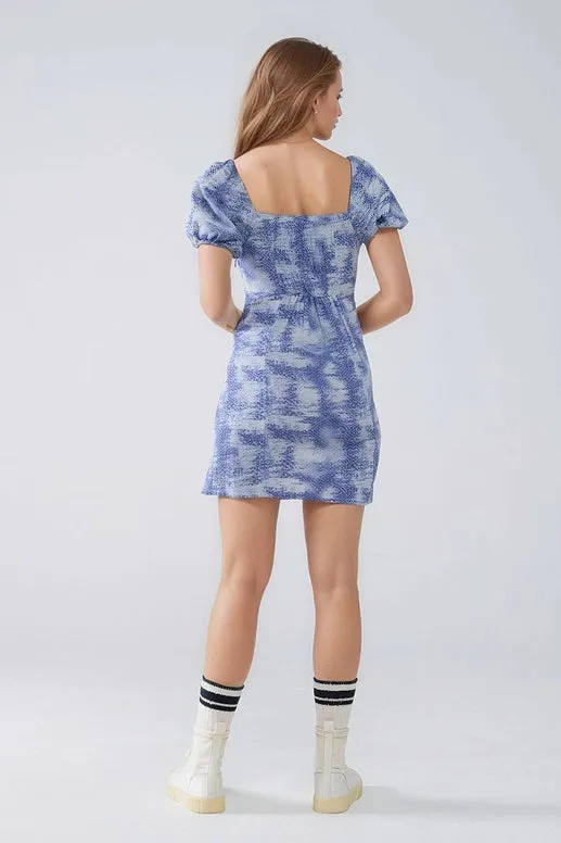 Short Dress with Puff Sleeves in Abstract Blue and White Print