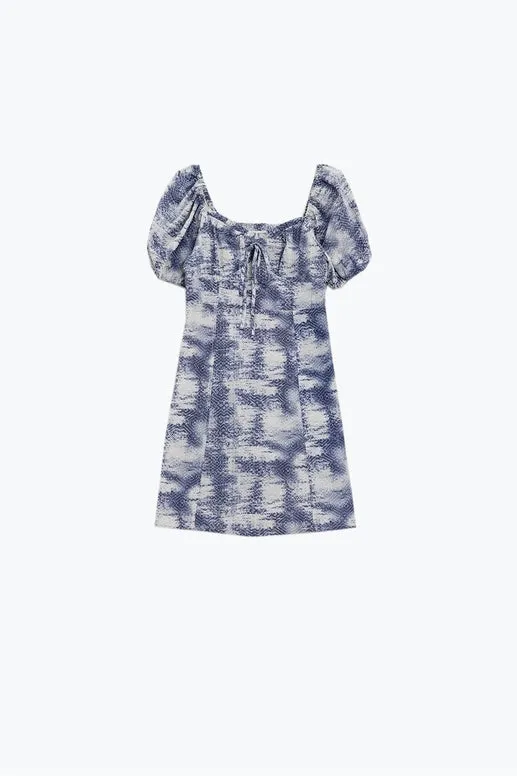 Short Dress with Puff Sleeves in Abstract Blue and White Print