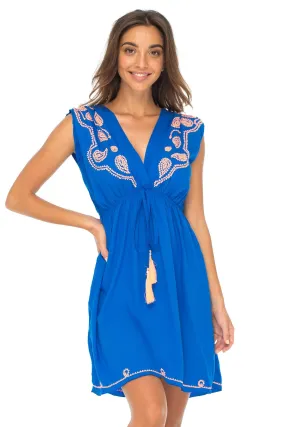 Short Embroidered Sleeveless Sundress with Deep V Neck