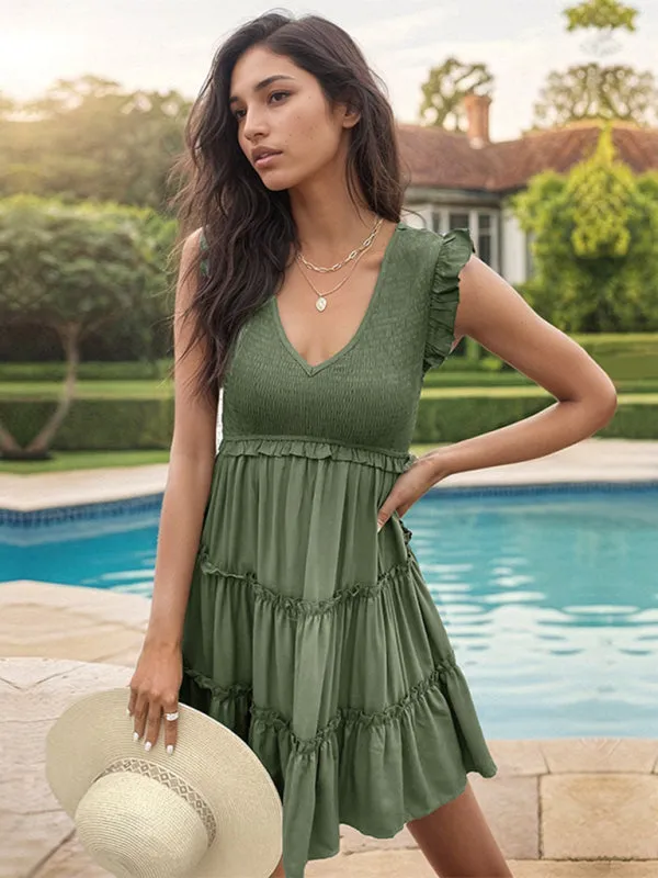 Solid Summer Dress with High Waist & Tiered Ruffles