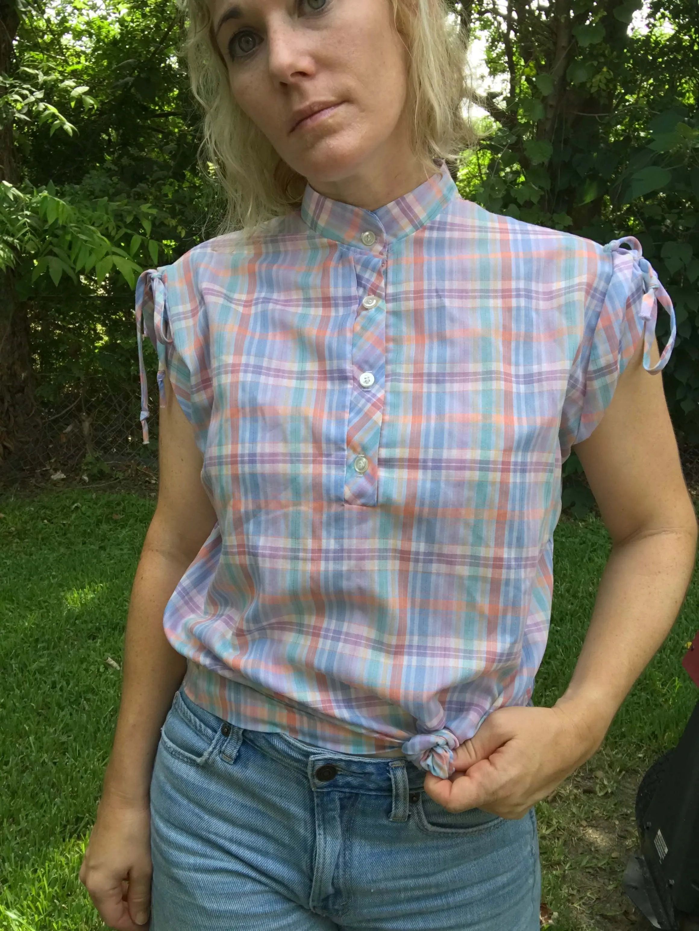 Vintage 70s 80s | Kawaii Pastel Plaid Prairie Country Rainbow and Gold Blouse L