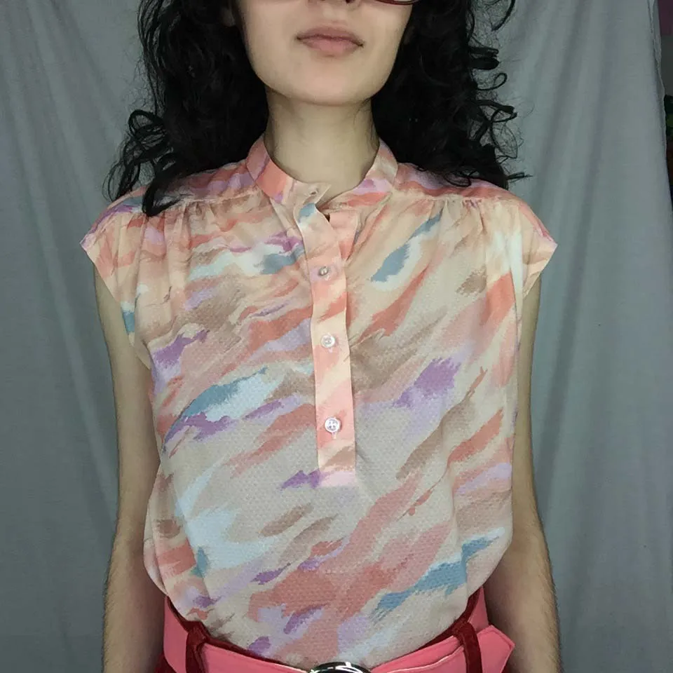 Vintage 70s 80s | Pink Kawaii Pastel Abstract Art Arizona Print Blouse | Size S