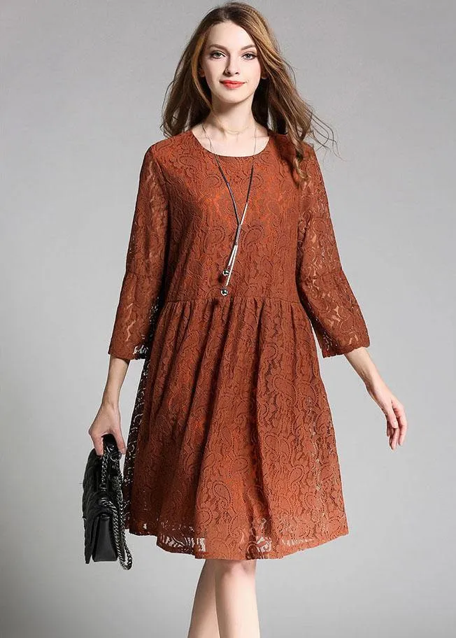 Vintage Chocolate Hollow Out Embroideried Patchwork Spring Three Quarter Sleeve Spring Dresses